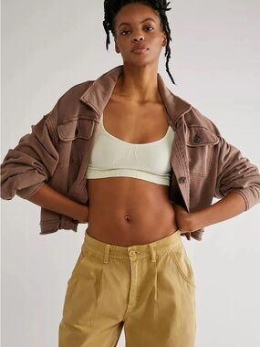 Free People Cropped Washed Brown Shirt Jacket